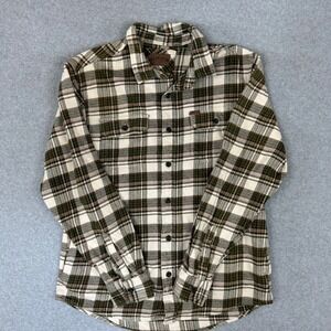 Orvis Mens Large Green Plaid Flannel Button Down Shirt Side Pocket Long Sleeve